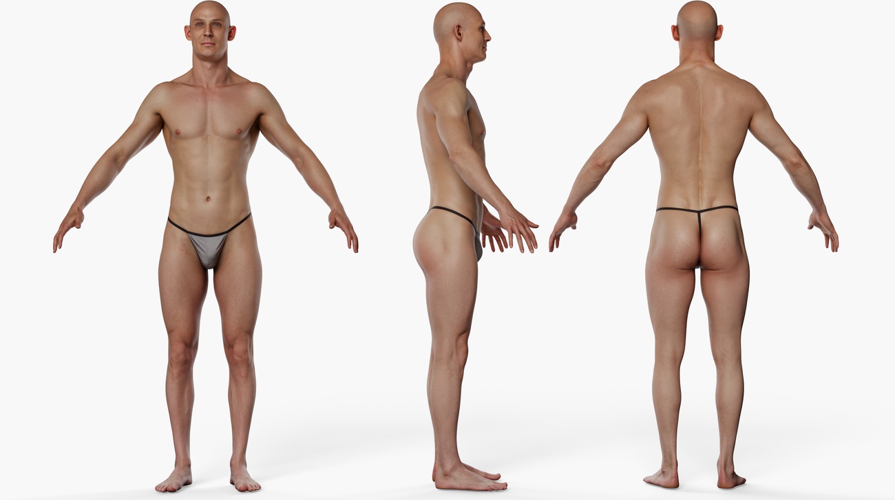 Full body 3D scan of a lean athletic male with defined musculature and smooth skin, retopologised quad mesh render